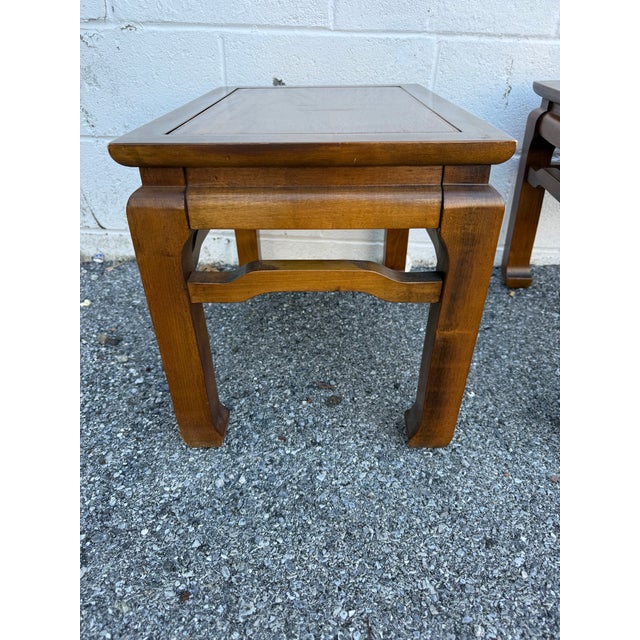 1970s Pair of Vintage Asian-Style Wooden Stools / End Tables With Reversible Cushioned Tops, Circa 1970s–1980s For Sale - Image 5 of 12
