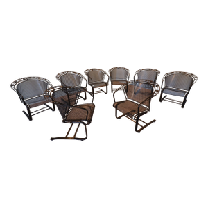 1955–1965 Russell Woodard “Ivy Leaf” Wrought Iron Barrel Rocker Casual Chairs — Set of Eight, Attributed