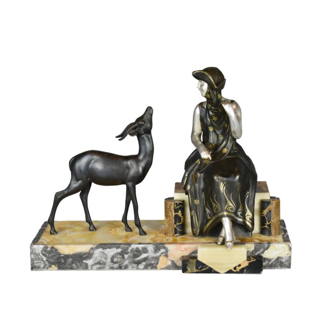Art Deco French Sculpture of Lady and Gazelle, 1930 For Sale