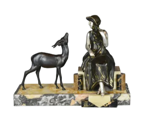 Art Deco French Sculpture of Lady and Gazelle, 1930