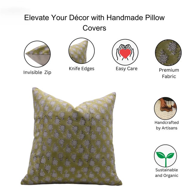 Fabdivine Artisan Block Print Throw Pillow Cover 26x26 Inch Duck Canvas- Jasmine For Sale - Image 4 of 4