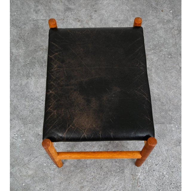 Spottrup Mid Century Modern Ottoman Stool Swivel Black Solid Oak Wood Tufted Spottrup MCM For Sale - Image 4 of 12