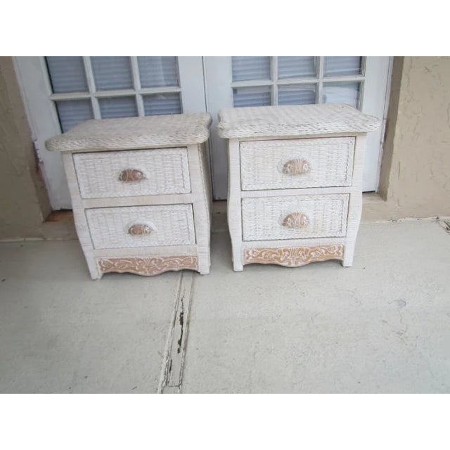 1980s White Wicker Rattan Nightstand Two Drawer Set of 2 For Sale - Image 13 of 13