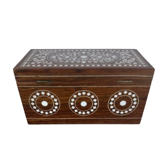 1960s Mid Century Teak Inlay White Hard Wood Dowry Box For Sale - Image 4 of 12