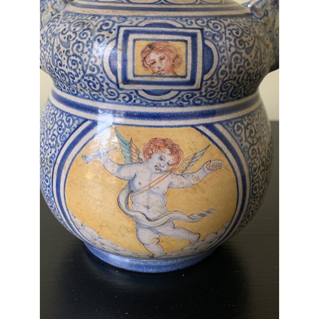 Blue Italian Provincial Deruta Hand Painted Faience Allegorical Pottery Jug Vase For Sale - Image 8 of 12