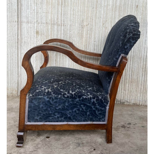 Wood Pair of Art Deco Club Armchairs With Blue Ink Damask Velvet For Sale - Image 7 of 12