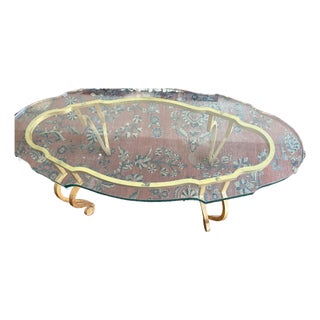 1970’s Mid-Century Modern Oval Glass Gold Wrought Iron Base Coffee Table For Sale