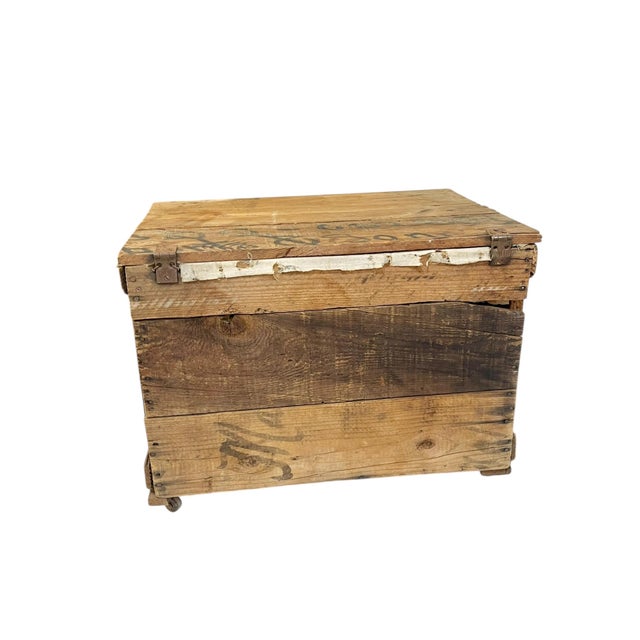 Antique Handmade Folk Art Wood Box Crate Table With Wheels For Sale - Image 10 of 17