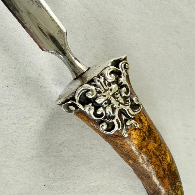 English Stag Horn & Sterling Silver Green Man Face Letter Opener For Sale - Image 10 of 12