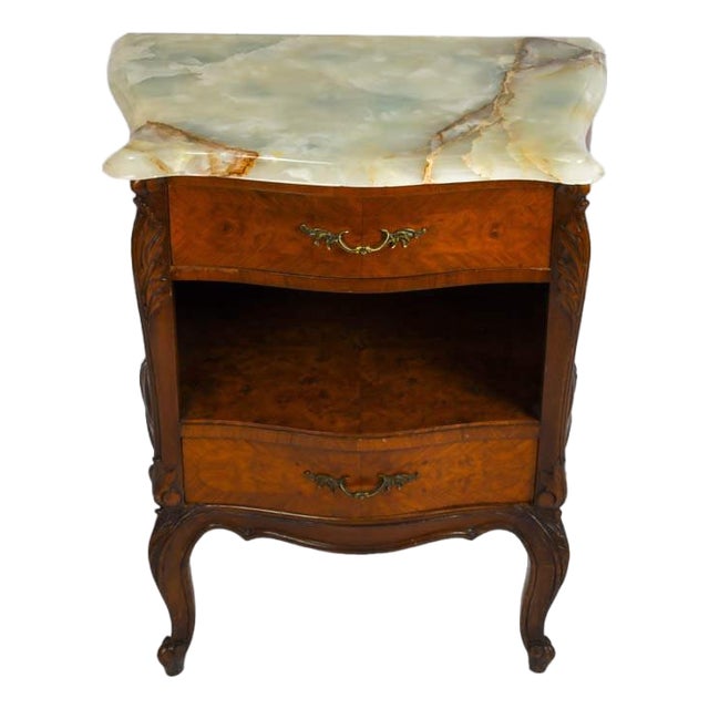 Antique French Provincial Walnut Two‑Drawer Nightstand With Marble Top For Sale