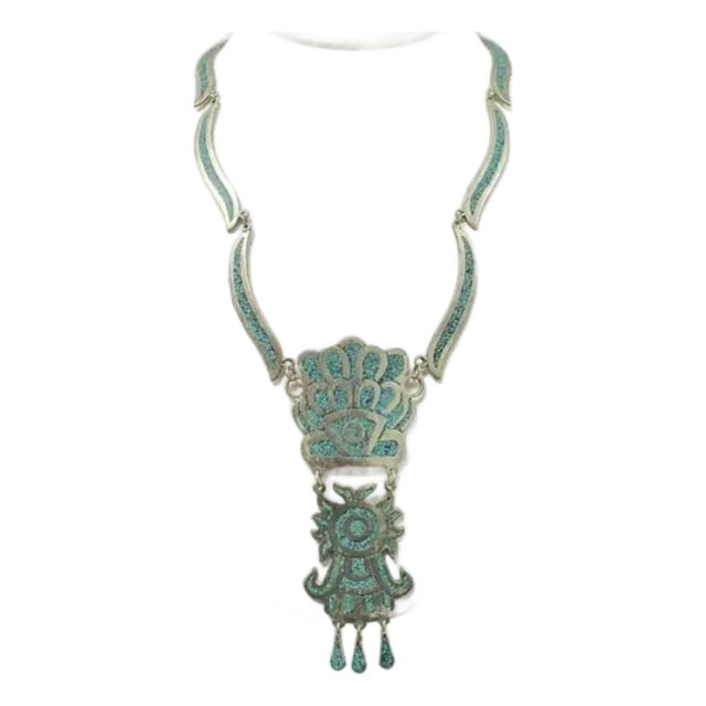 Mexican Alpaca Silver and Turquoise Inlay Necklace For Sale