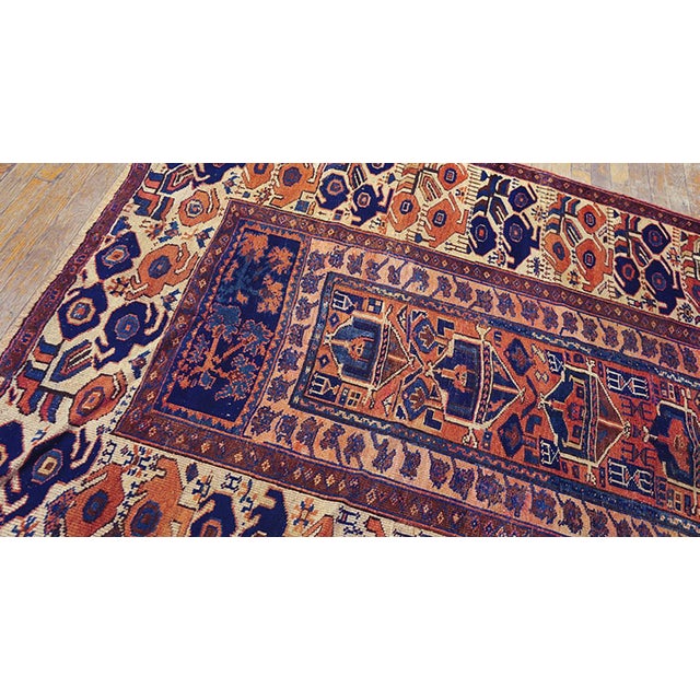 Tribal 1870s Blue Geometric Tribal Antique Persian Kurdish Sanjabi Rug 5' X 6'6" Hand Made Wool Carpet For Sale - Image 3 of 8