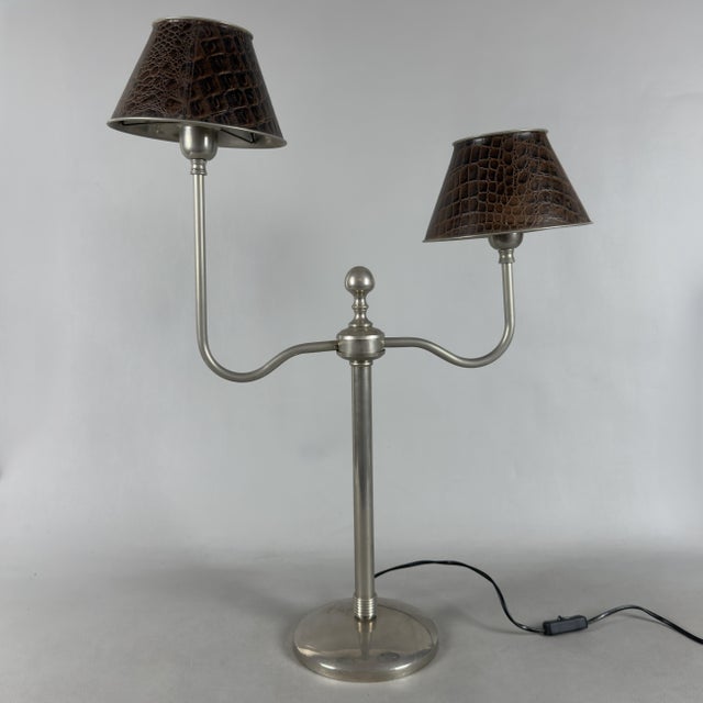 Table Lamp in Metal and Brown Leather, 1970s For Sale - Image 11 of 11