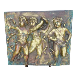 19thc Italian Antique Renaissance Style Heavy, High Relief Bronze Cherubs Frolicking Sculpture Panel