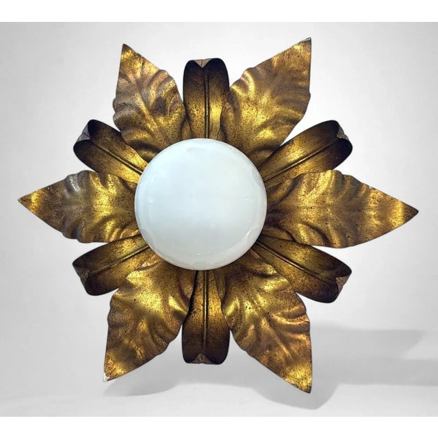 Mid 20th Century Italian Gilt Brass and Opaline Glass Flush Mount Ceiling or Wall Light For Sale - Image 4 of 18