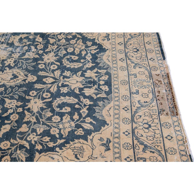 Persian Vintage Persian Handmade Wool Rug in Blue With Rosette Motif For Sale - Image 3 of 10