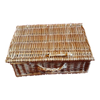 Mid-Century French Hand-Woven Rattan Trunk Basket For Sale