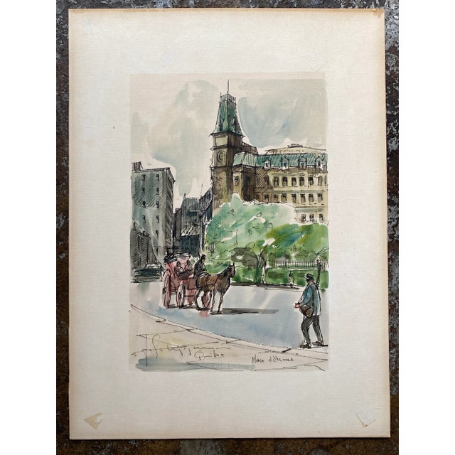 1960s Jacques Schyrgens Place d'Armes Quebec Watercolor For Sale - Image 5 of 5