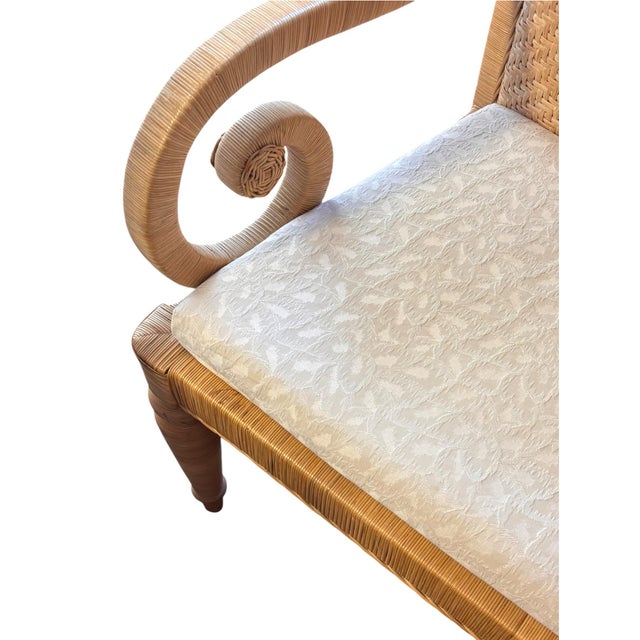 Wood Vintage Woven Rattan High-Back Armchairs With Scroll Arms, a Pair For Sale - Image 7 of 12
