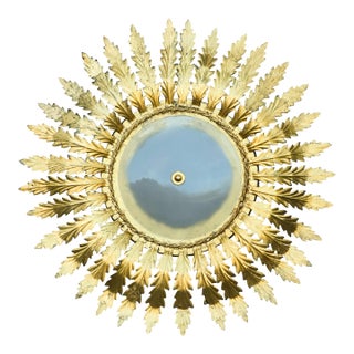 Mid 20th century Spanish Gilt Metal Semi-Flush Sunburst Light Fixture with Star Motifs For Sale