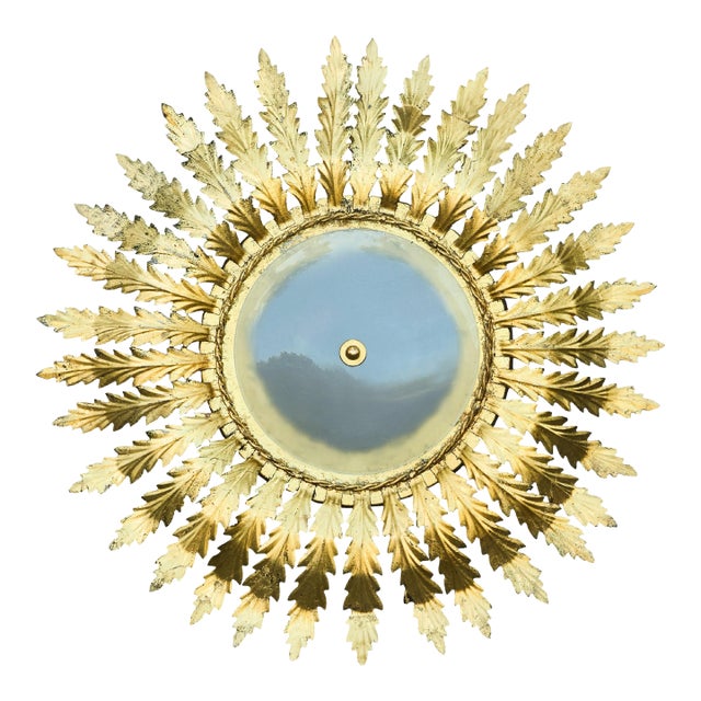 Mid 20th century Spanish Gilt Metal Semi-Flush Sunburst Light Fixture with Star Motifs For Sale