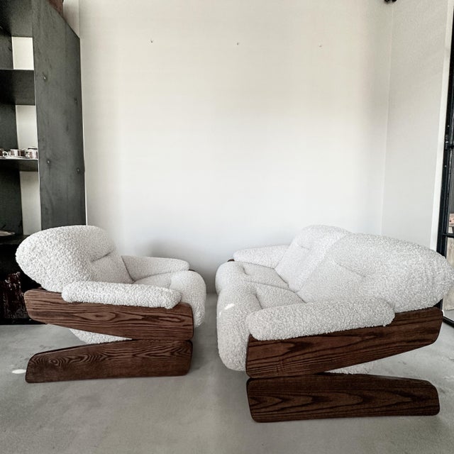 Vintage brutalist two seater sofa and lounge chair, oak wood and sheepskin-like textil ( polyester ). Very comfortable, we...