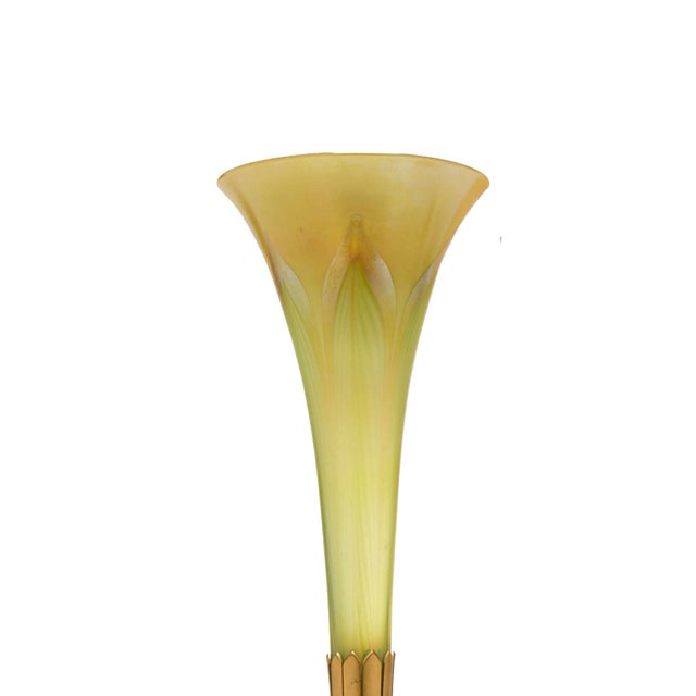 Tiffany Studios 20th Century l.c. Tiffany Favrile Glass and Gilt Bronze Trumpet Vase, No. 1043 For Sale - Image 4 of 10