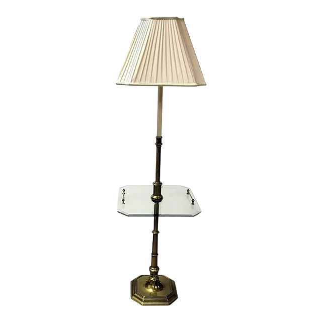 Vintage Stiffel Brass Floor Lamp With Beveled Glass Table & Brass Gallery, 1970s For Sale
