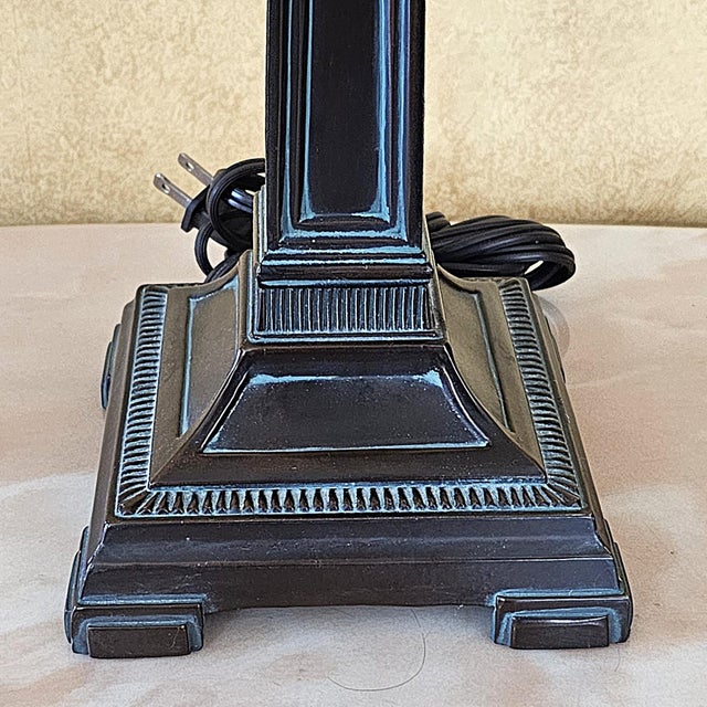 2003 Tiffany-Style Floral Stained Glass Pyramid Table Lamp For Sale - Image 9 of 18