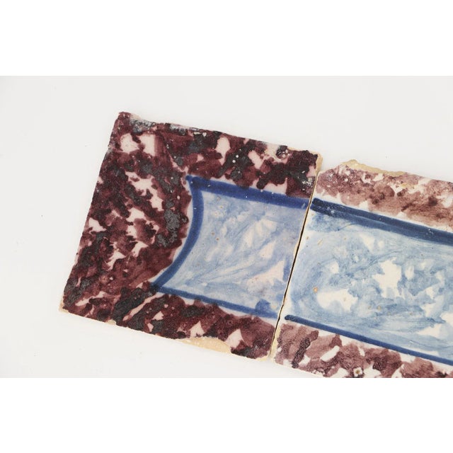 Baroque 18th Century Antique Portuguese Strip of Four Brown and Blue Spongeware Tiles For Sale - Image 3 of 9