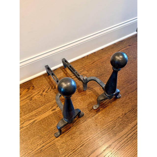 Vintage Black Cast Iron Cannonball Fireplace Andirons – A Pair For Sale - Image 4 of 8