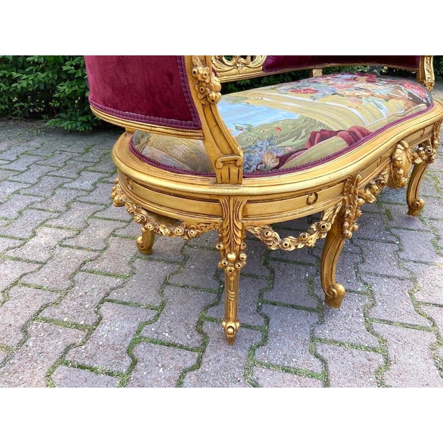1950s French Louis XVI Gold Beech Velvet Settee For Sale - Image 11 of 13
