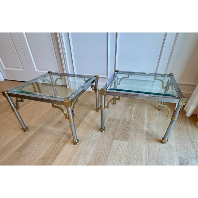 Chrome Pair of 1970s Maison Jansen / Mastercraft Style Chrome and Brass Side Tables With Beveled Glass For Sale - Image 8 of 10
