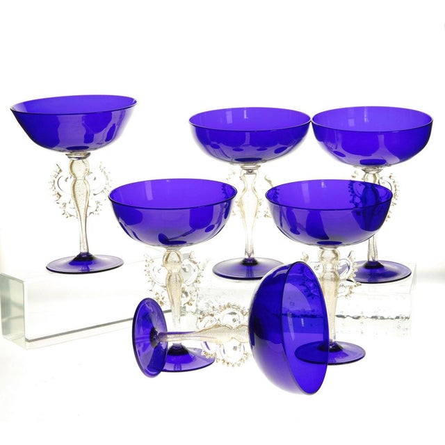 Champagne Glasses in Cobalt Murano Glass with Signed Gold Accents from Cenedese, 1950s, Set of 6 For Sale - Image 15 of 17