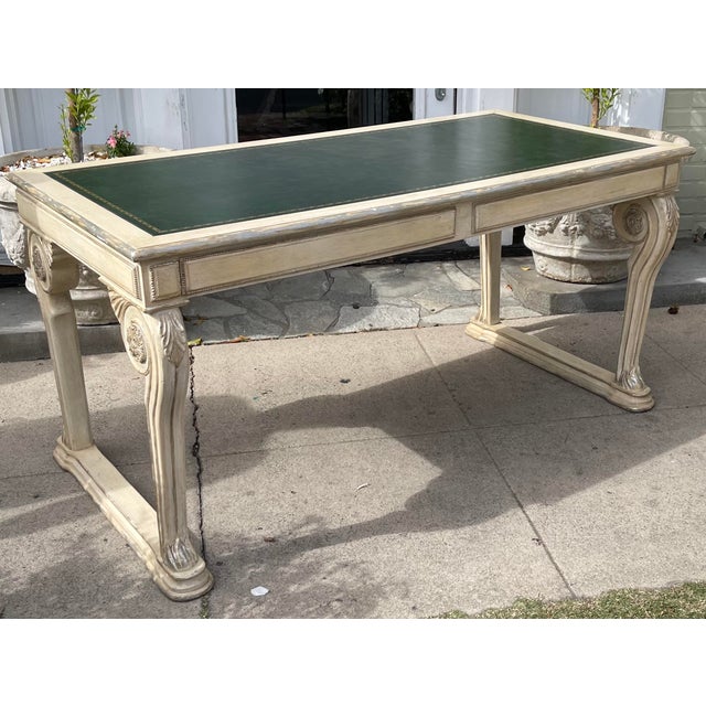 Traditional Regency Style Dennis & Leen Green Leather Top White & Silver Writing Table Desk For Sale - Image 3 of 6