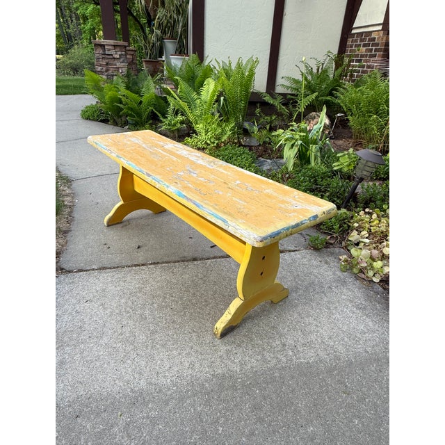 Vintage Trestle-Style Country Farmhouse Bench Storied Patina For Sale - Image 12 of 12