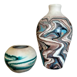 Mid 20th Century Blue Hued Vintage Nemadji Pottery- Set of 2