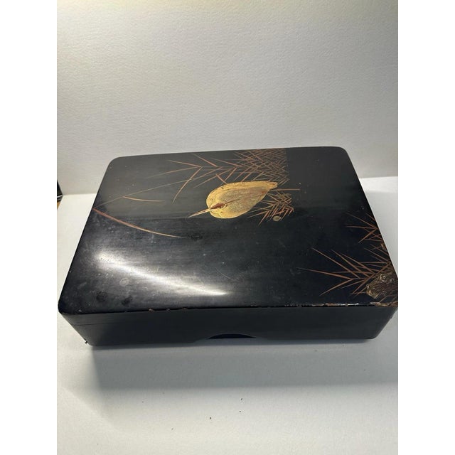 Antique Shikki Japanese Lacquer Box with Makie Crane For Sale - Image 13 of 13