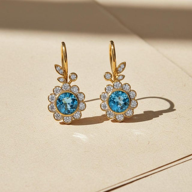 Modern Art Nouveau Topaz Flower and Leaf Drop Earrings, Silver, Gold, Pair For Sale - Image 3 of 6