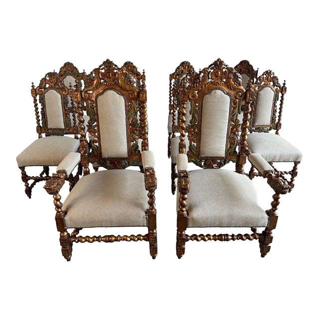 Set of 10 Chairs Italian Renaissance Revival Polychrome Giltwood Dining Chairs For Sale