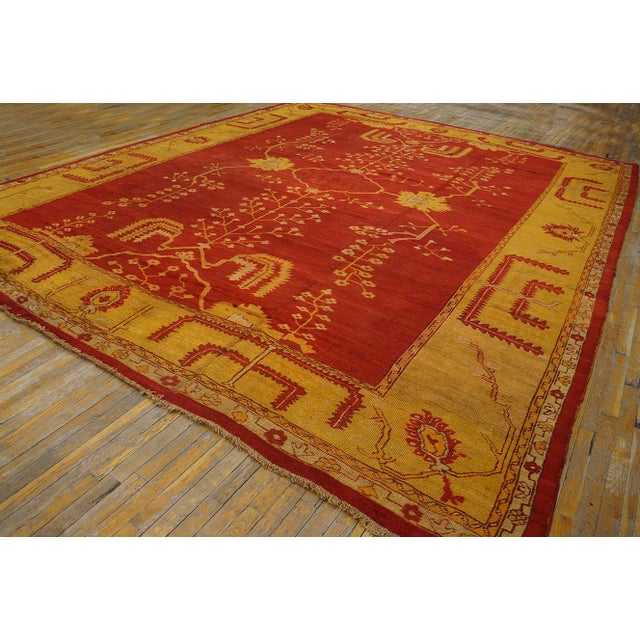 Tribal 1880s Red Field Tribal Geometric Antique Turkish Oushak Rug 12' 10" X 15' Handknotted Wool Carpet For Sale - Image 3 of 18