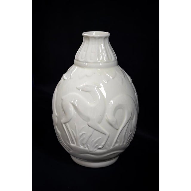 1920s Art Deco White Glazed Earthenware Vase with Relief Decor by Fantaisie de Charles Catteau for Boch Frères La Louvière Keramis, 1920s For Sale - Image 5 of 13
