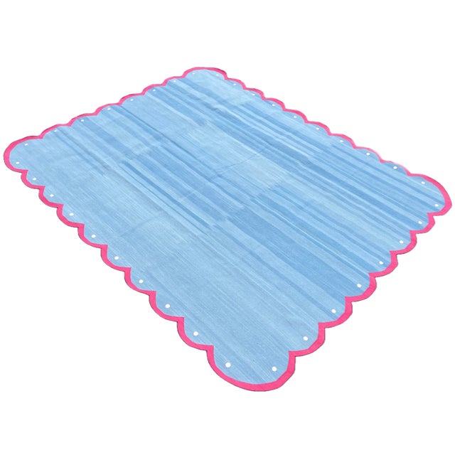 Contemporary Handmade Cotton Area Four Sided Scalloped Rug Dhurrie Sky Blue and Pink Border-9'x12' For Sale - Image 3 of 10