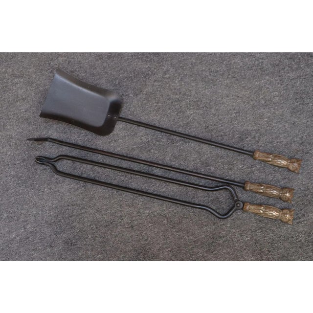 Early 20th Century Iron Fire Tool Set With Cast Brass Owl Form Handles For Sale - Image 15 of 17