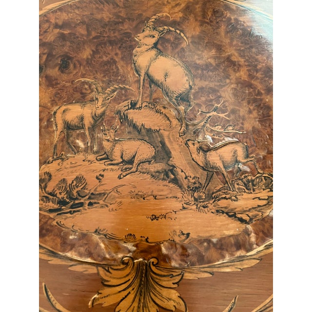 Antique 19th Century Vve Huggler-Huggler Carved Black Forest Walnut Tilt Top Table With Inlaid Burl Veneer and Hand Painted Figural and Floral Details For Sale - Image 4 of 13