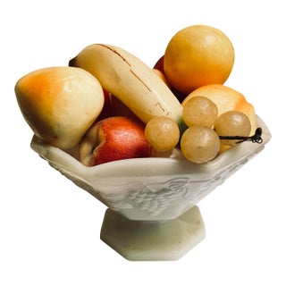 Vintage Wax Fruit Grouping in an Anchor Hocking Panel Grape Milk Glass Bowl - 15 Piece Set For Sale