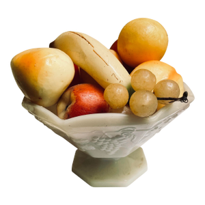 Vintage Wax Fruit Grouping in an Anchor Hocking Panel Grape Milk Glass Bowl - 15 Piece Set
