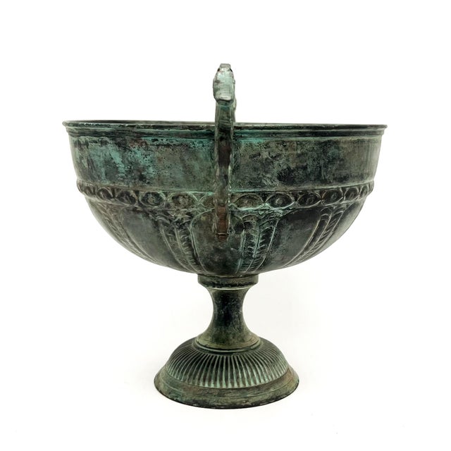Metal Vintage Verdigris Brass Urn With Scroll Handles on Pedestal Base - Neoclassical, Traditional, Classical For Sale - Image 7 of 12