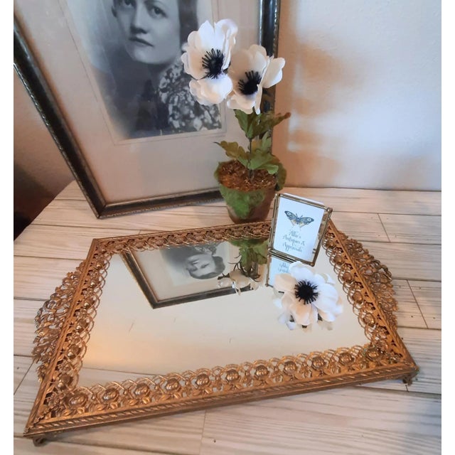 Hollywood Regency Brass Floral Vanity Dresser Mirror For Sale - Image 4 of 11