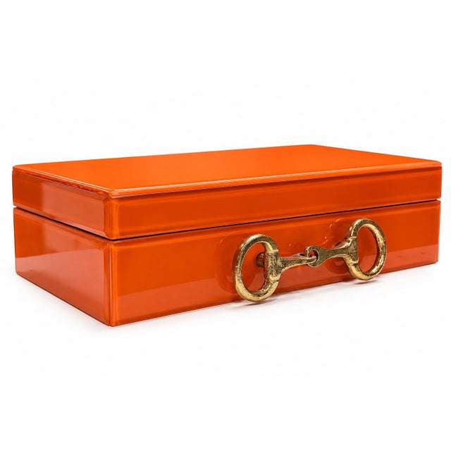 Contemporary Equestrian Horse Bits Hermes Style Orange Glossy Glass Decorative Box For Sale - Image 3 of 7